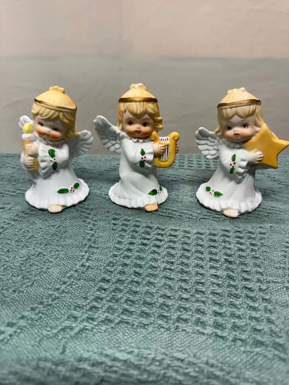 Vintage Homco Set of 3 Porcelain Child Angel Figurines with Candle, Harp, and St